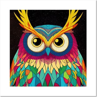 Colorful Owl Portrait Illustration - Bright Vibrant Colors Bohemian Style Feathers Psychedelic Bird Animal Rainbow Colored Art Posters and Art